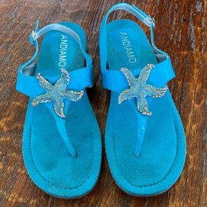 ANDIAMO *TURQUOISE Blue SHINY Patent FLIP FLOPS *SILVER STARFISH sueded sole 7.5